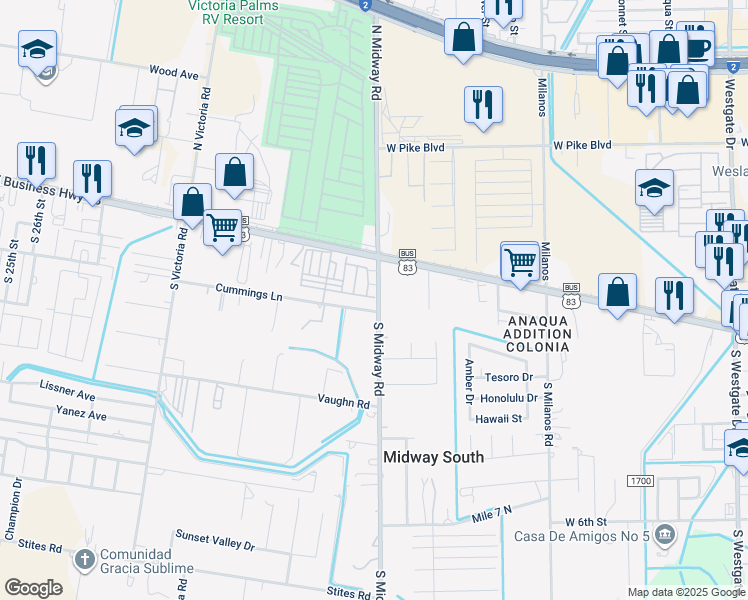 map of restaurants, bars, coffee shops, grocery stores, and more near 365 Cummings Road in Donna