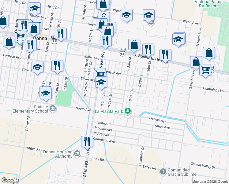 map of restaurants, bars, coffee shops, grocery stores, and more near 2112 Avila Street in Donna