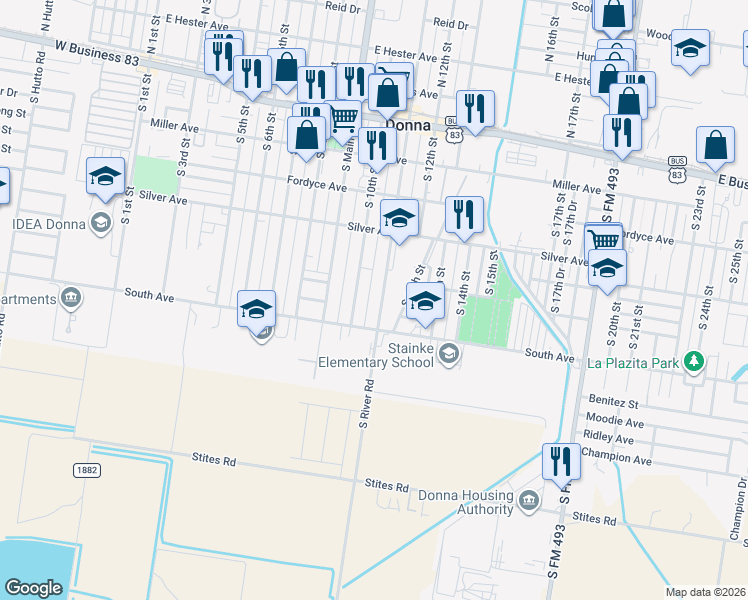 map of restaurants, bars, coffee shops, grocery stores, and more near 521 South 11th Street in Donna