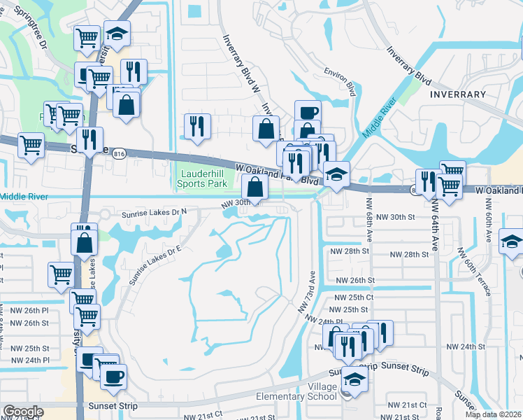 map of restaurants, bars, coffee shops, grocery stores, and more near 7300 Northwest 30th Place in Sunrise