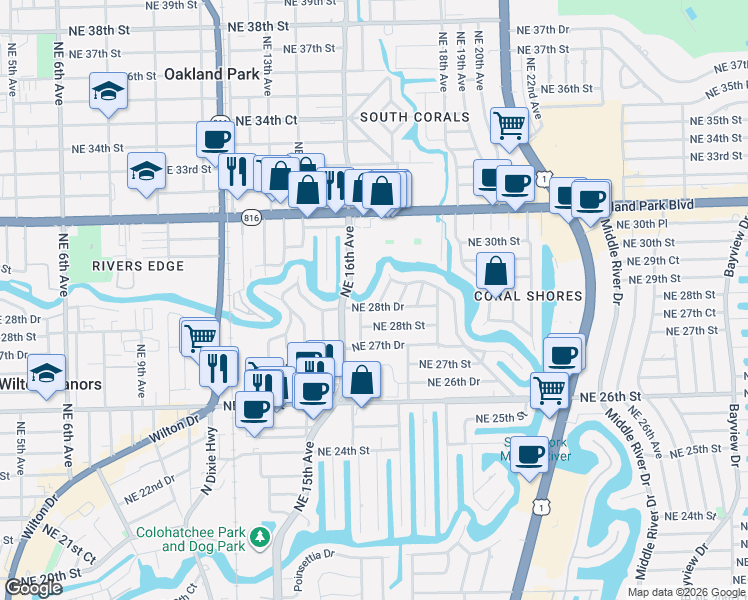 map of restaurants, bars, coffee shops, grocery stores, and more near 2814 Northeast 16th Terrace in Wilton Manors