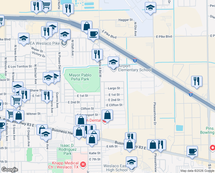 map of restaurants, bars, coffee shops, grocery stores, and more near 1716 Largo Street in Weslaco