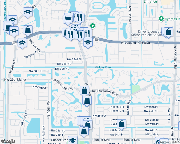 map of restaurants, bars, coffee shops, grocery stores, and more near 9999 Summerbreeze Drive in Sunrise