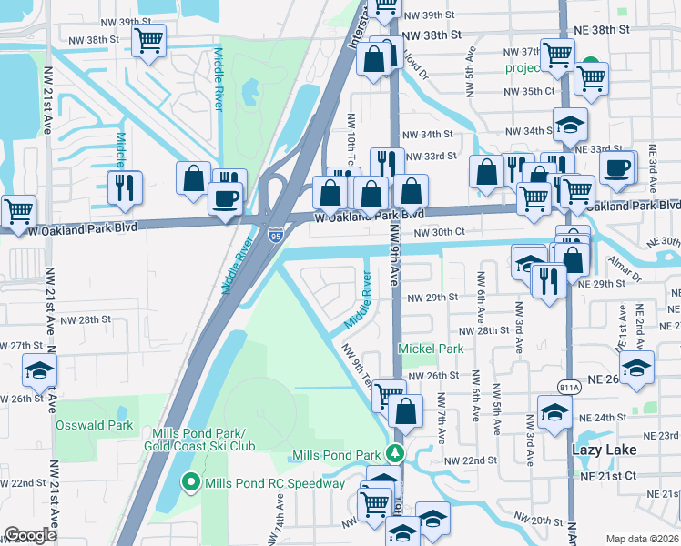 map of restaurants, bars, coffee shops, grocery stores, and more near in Wilton Manors