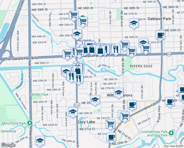 map of restaurants, bars, coffee shops, grocery stores, and more near 132 Northeast 29th Street in Wilton Manors