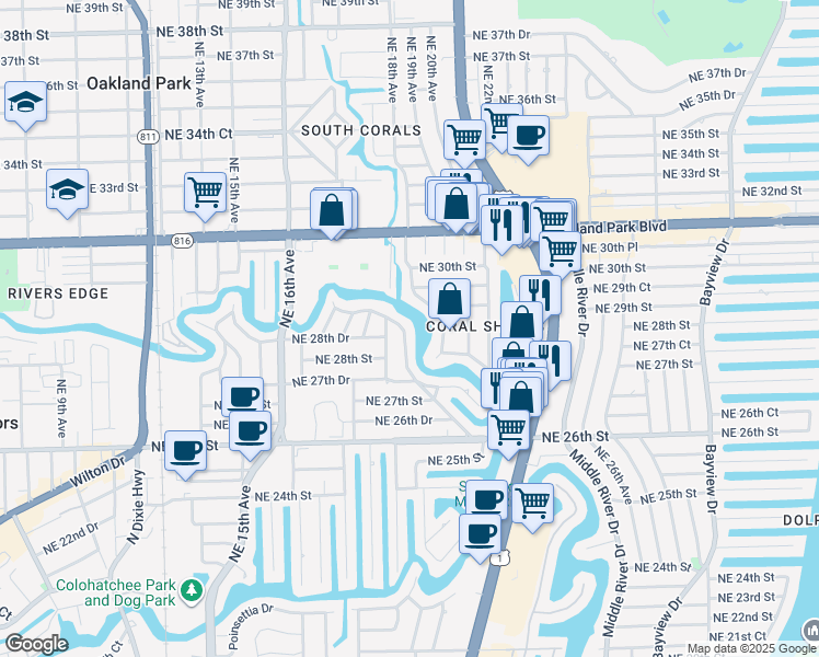 map of restaurants, bars, coffee shops, grocery stores, and more near 1949 Coral Gardens Drive in Wilton Manors