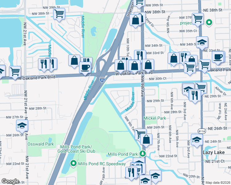 map of restaurants, bars, coffee shops, grocery stores, and more near 2935 Northwest 11th Terrace in Wilton Manors