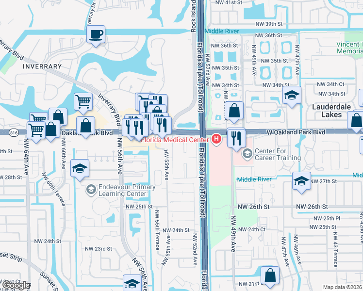 map of restaurants, bars, coffee shops, grocery stores, and more near 2982 Northwest 55th Avenue in Lauderhill