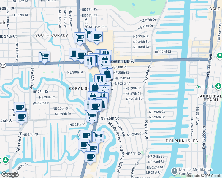 map of restaurants, bars, coffee shops, grocery stores, and more near 2701 Middle River Drive in Fort Lauderdale