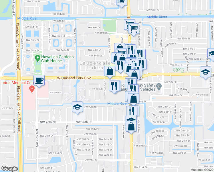map of restaurants, bars, coffee shops, grocery stores, and more near 2980 Northwest 43 Terrace in Lauderdale Lakes