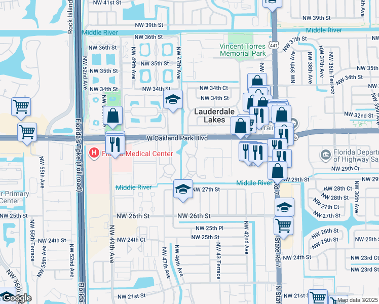 map of restaurants, bars, coffee shops, grocery stores, and more near 205 Northwest 46th Avenue in Lauderdale Lakes