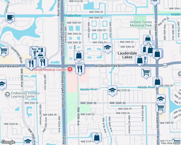 map of restaurants, bars, coffee shops, grocery stores, and more near 510 Northwest 48th Terrace in Lauderdale Lakes