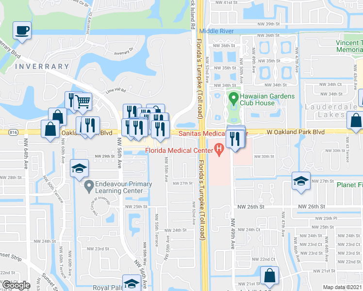 map of restaurants, bars, coffee shops, grocery stores, and more near 2982 Northwest 55th Avenue in Lauderhill