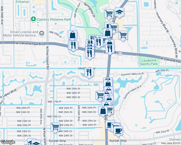 map of restaurants, bars, coffee shops, grocery stores, and more near 8120 Sunrise Lakes Boulevard in Sunrise