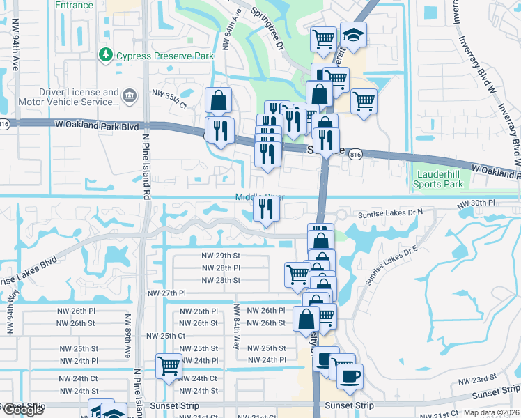 map of restaurants, bars, coffee shops, grocery stores, and more near 8120 Sunrise Lakes Boulevard in Sunrise