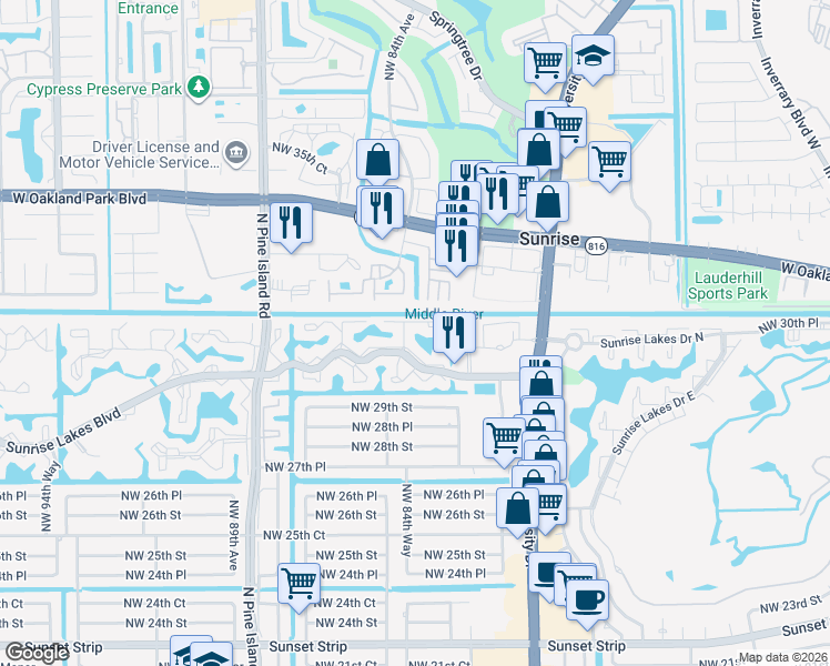 map of restaurants, bars, coffee shops, grocery stores, and more near in Sunrise