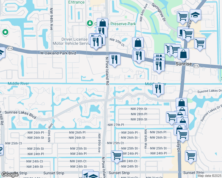 map of restaurants, bars, coffee shops, grocery stores, and more near 8500 Sunrise Lakes Boulevard in Sunrise