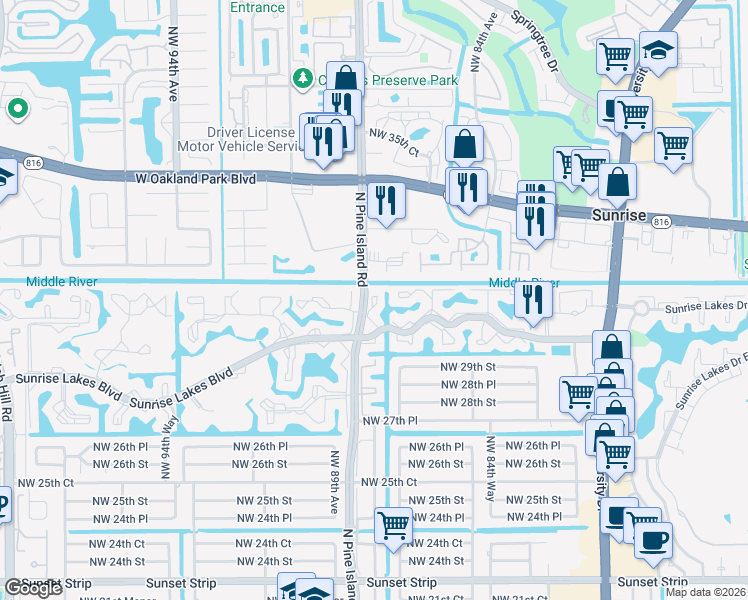 map of restaurants, bars, coffee shops, grocery stores, and more near 8500 Sunrise Lakes Boulevard in Sunrise