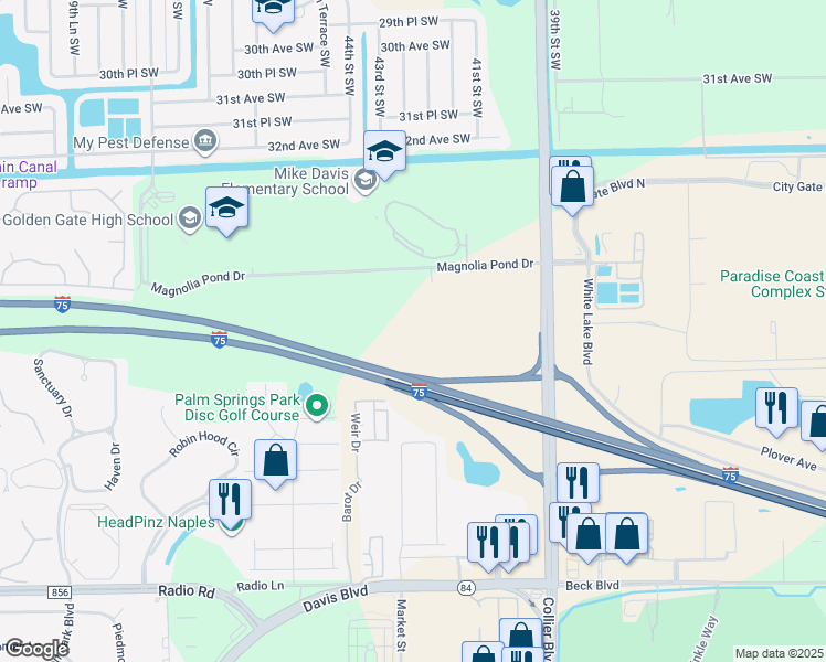 map of restaurants, bars, coffee shops, grocery stores, and more near 8690 Weir Drive in Naples
