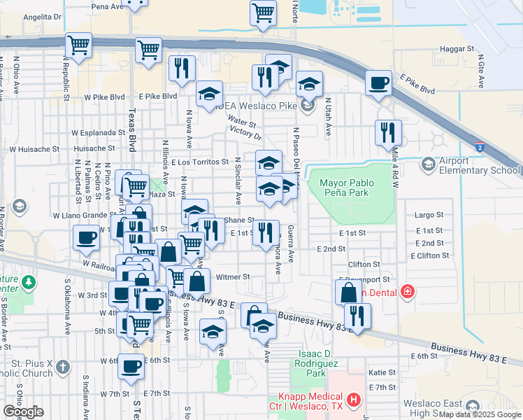 map of restaurants, bars, coffee shops, grocery stores, and more near 726 Shane Street in Weslaco