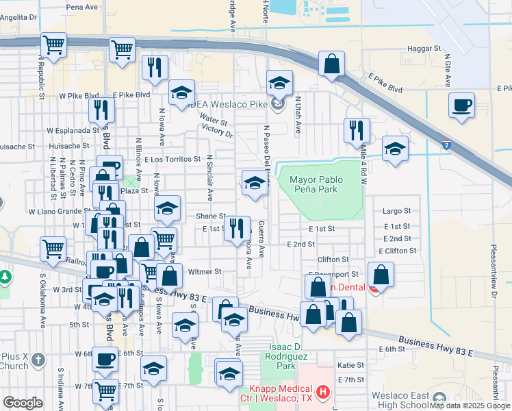 map of restaurants, bars, coffee shops, grocery stores, and more near 814 East Plaza Street in Weslaco