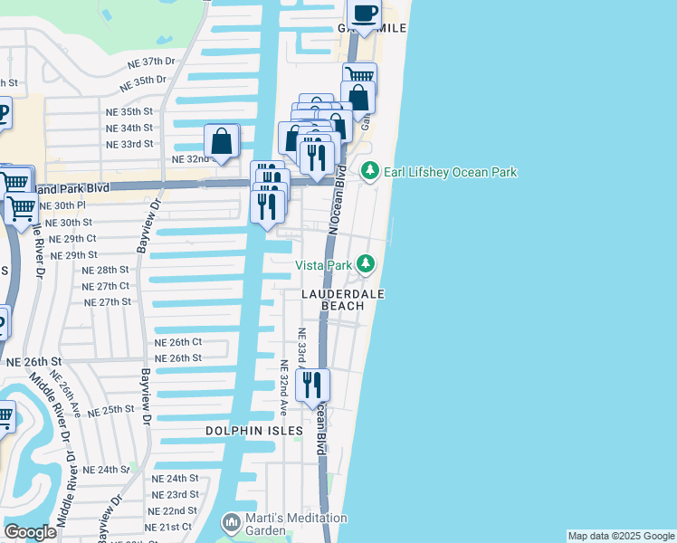 map of restaurants, bars, coffee shops, grocery stores, and more near 2840 North Ocean Boulevard in Fort Lauderdale