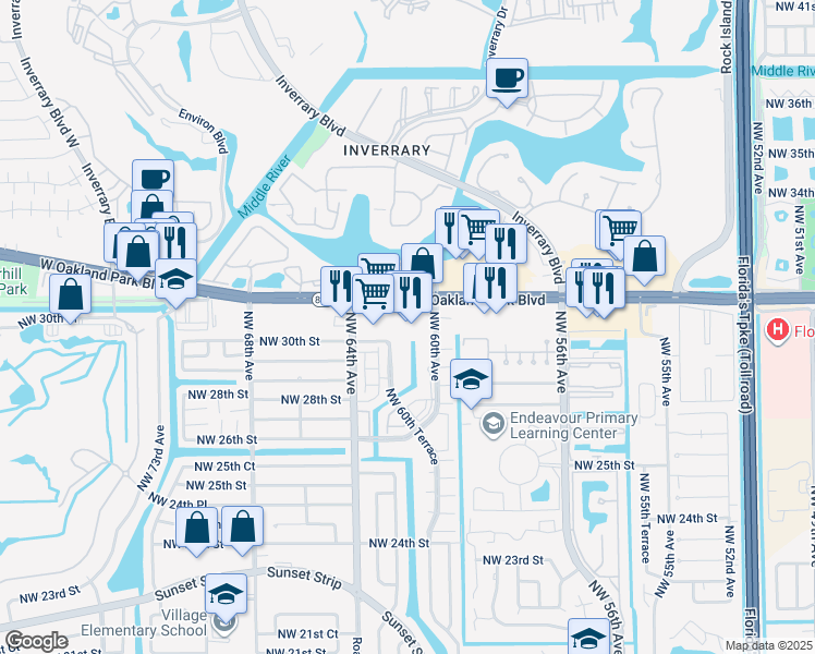map of restaurants, bars, coffee shops, grocery stores, and more near 6200 West Oakland Park Boulevard in Sunrise