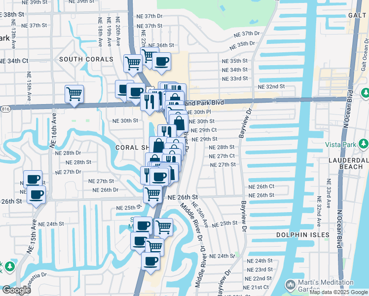 map of restaurants, bars, coffee shops, grocery stores, and more near 2701 Middle River Drive in Fort Lauderdale