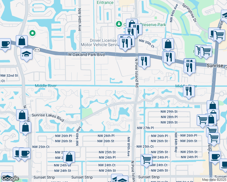 map of restaurants, bars, coffee shops, grocery stores, and more near 8951 Sunrise Lakes Boulevard in Sunrise