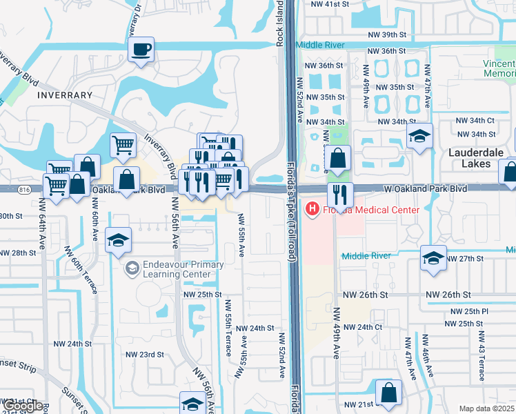 map of restaurants, bars, coffee shops, grocery stores, and more near 2960 Northwest 55th Avenue in Lauderhill