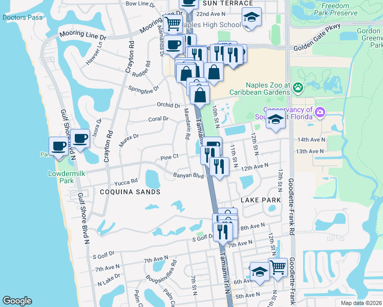 map of restaurants, bars, coffee shops, grocery stores, and more near 1330 Mandarin Road in Naples