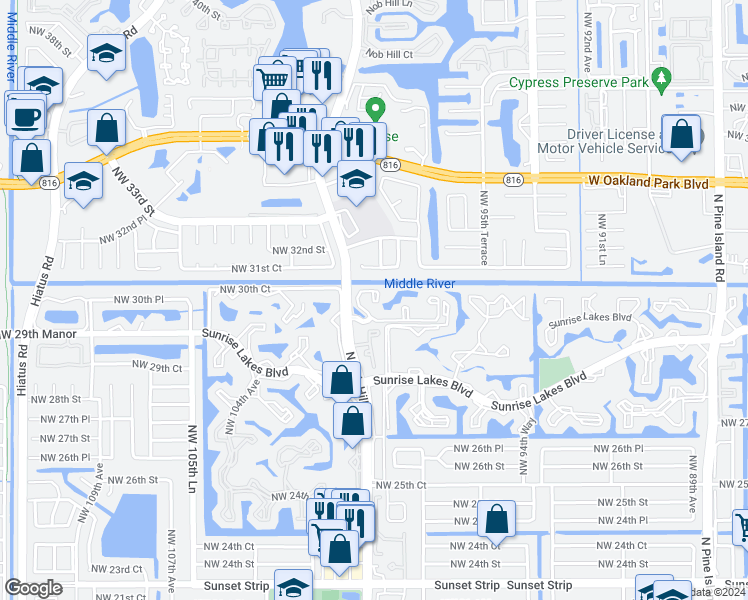 map of restaurants, bars, coffee shops, grocery stores, and more near 9001 Summerbreeze Drive in Sunrise
