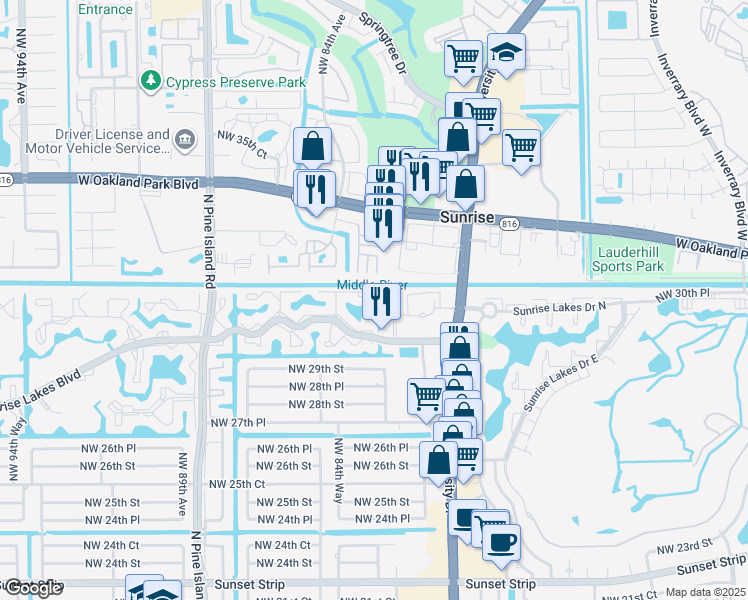 map of restaurants, bars, coffee shops, grocery stores, and more near 8120 Sunrise Lakes Boulevard in Sunrise