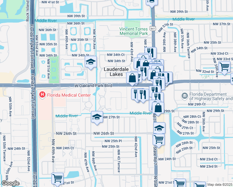 map of restaurants, bars, coffee shops, grocery stores, and more near 2961 Northwest 44th Avenue in Lauderdale Lakes