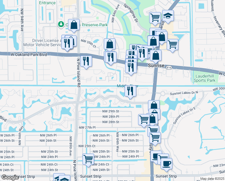 map of restaurants, bars, coffee shops, grocery stores, and more near 3107 Northwest 84th Way in Sunrise