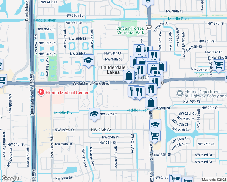 map of restaurants, bars, coffee shops, grocery stores, and more near 4414 West Oak Park Access Road in Lauderdale Lakes