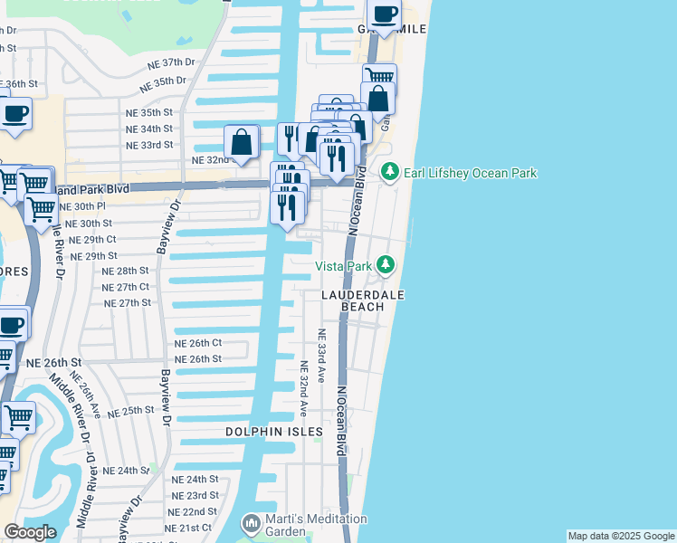 map of restaurants, bars, coffee shops, grocery stores, and more near 2841 North Ocean Boulevard in Fort Lauderdale