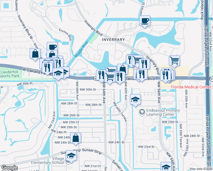 map of restaurants, bars, coffee shops, grocery stores, and more near 6370 West Oakland Park Boulevard in Lauderhill