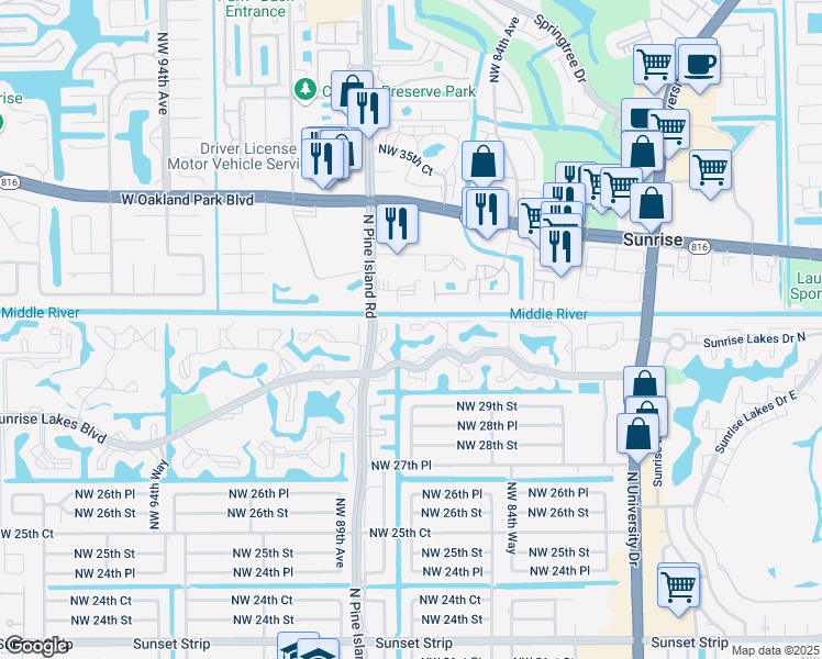 map of restaurants, bars, coffee shops, grocery stores, and more near 8510 Sunrise Lakes Boulevard in Sunrise