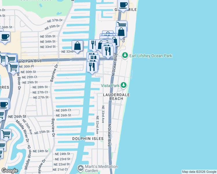 map of restaurants, bars, coffee shops, grocery stores, and more near 2841 North Ocean Boulevard in Fort Lauderdale