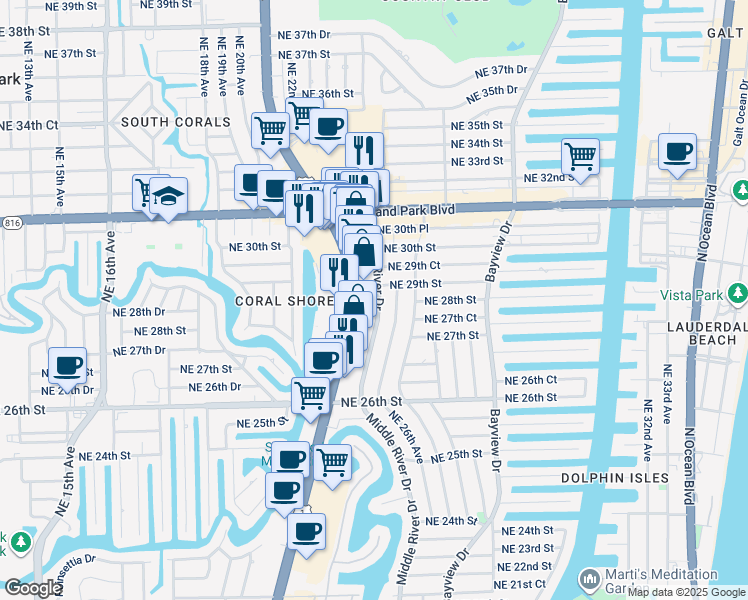 map of restaurants, bars, coffee shops, grocery stores, and more near 2900 North Federal Highway in Fort Lauderdale