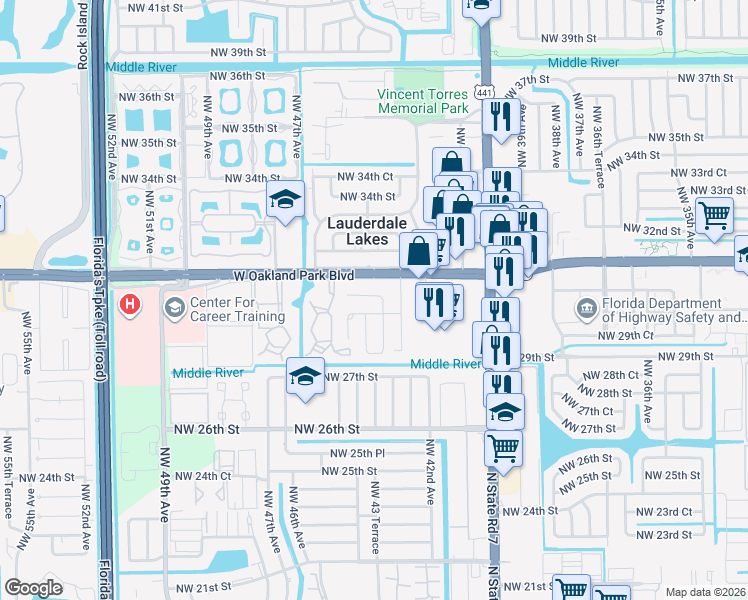 map of restaurants, bars, coffee shops, grocery stores, and more near 4414 West Oak Park Access Road in Lauderdale Lakes