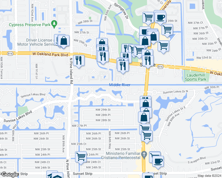 map of restaurants, bars, coffee shops, grocery stores, and more near 3118 Northwest 84th Avenue in Sunrise