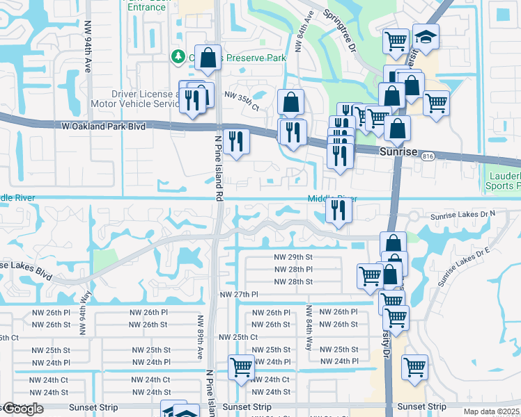 map of restaurants, bars, coffee shops, grocery stores, and more near 8580 Northwest 31st Court in Sunrise