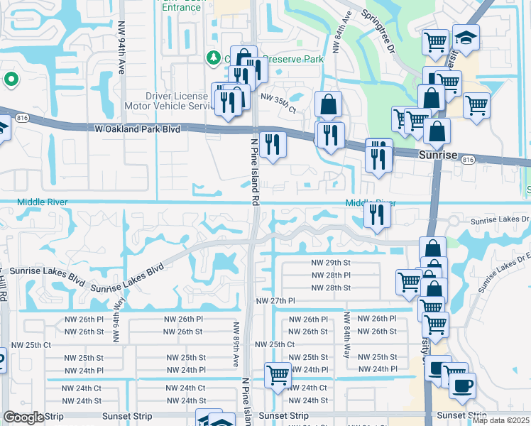 map of restaurants, bars, coffee shops, grocery stores, and more near 8590 Sunrise Lakes Boulevard in Sunrise