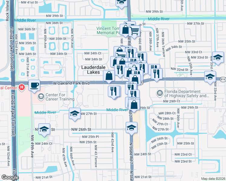 map of restaurants, bars, coffee shops, grocery stores, and more near 4200 West Oakland Park Boulevard in Lauderdale Lakes