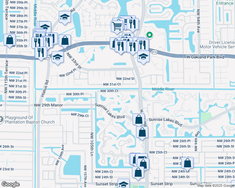 map of restaurants, bars, coffee shops, grocery stores, and more near 10320 Northwest 31st Court in Sunrise