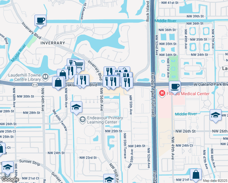 map of restaurants, bars, coffee shops, grocery stores, and more near 5580 West Oakland Park Boulevard in Lauderhill