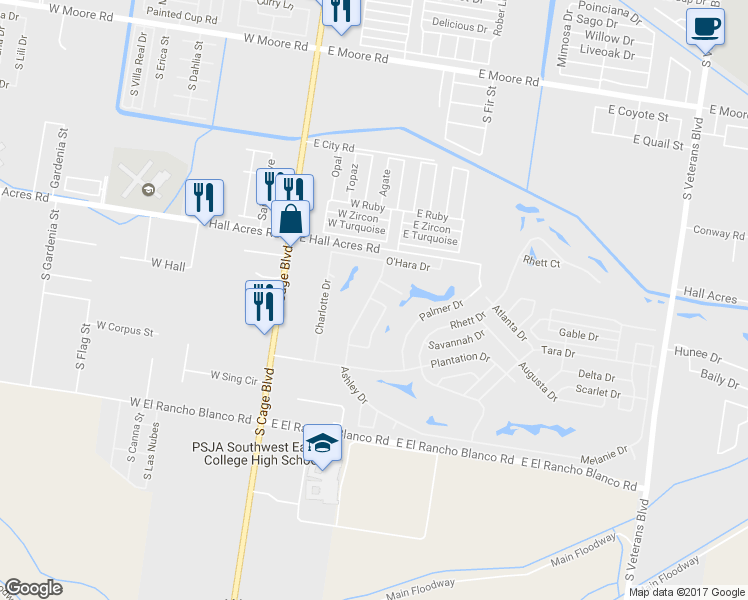 map of restaurants, bars, coffee shops, grocery stores, and more near 306 Ashley Court in Pharr
