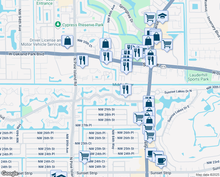 map of restaurants, bars, coffee shops, grocery stores, and more near 3118 Northwest 84th Avenue in Sunrise